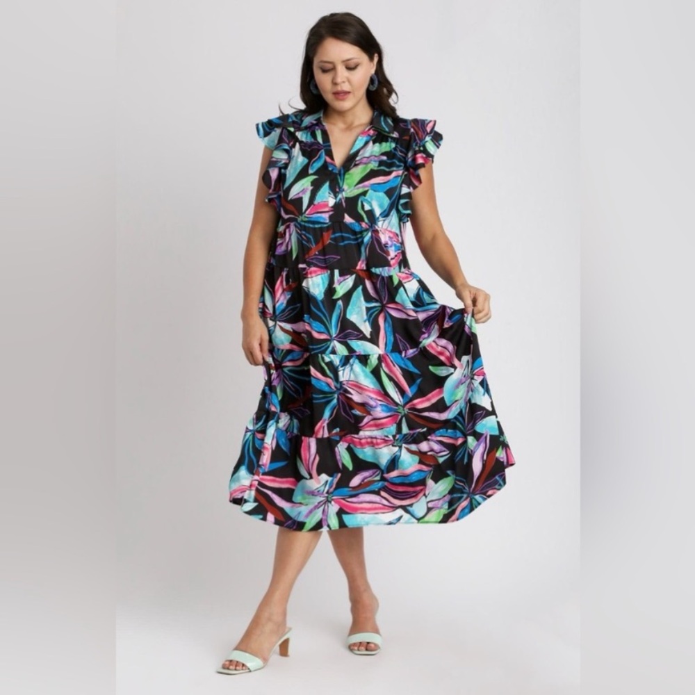 Umgee Floral Ruffle Sleeve Midi Dress